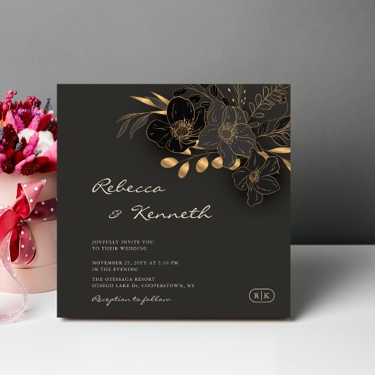 豪華な金ゴールドフローラミニマリストモノグラム結婚ズ 招待状