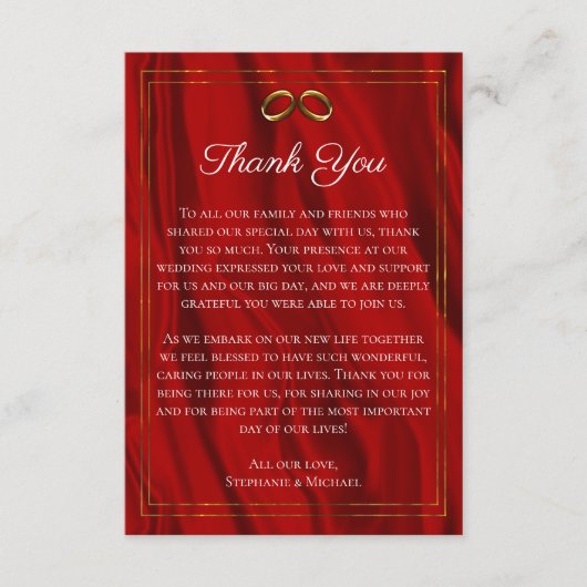豪華な金ゴールドリングや輪赤結婚絹サンキュー エンクロージャーカード (正面)