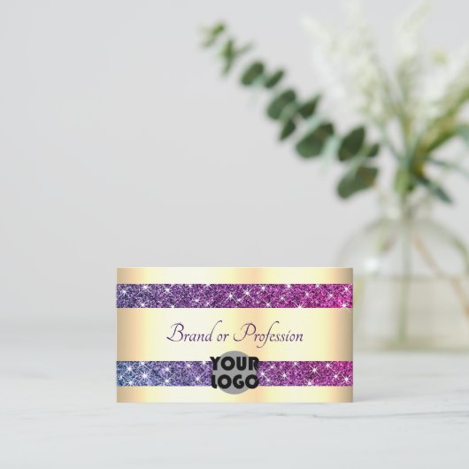 豪華な金ゴールド効果とロゴ付き紫グリッター 名刺 (スタンド正面)