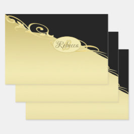 豪華な金ゴールド金ゴールド&ブラックに装飾モノグラム、 ラッピングペーパーシート