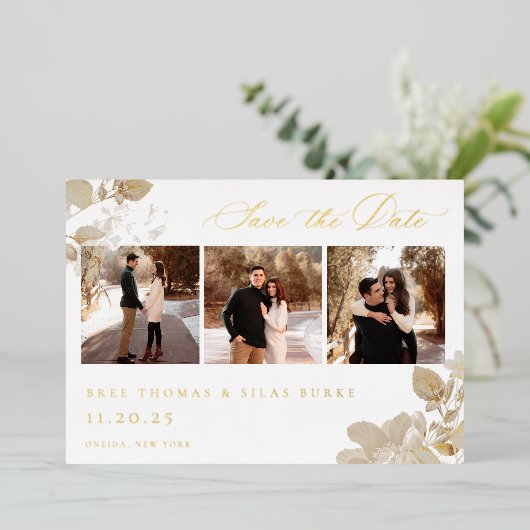 豪華な金メッキされた庭の写真を保存 箔招待状 (立ち正面)