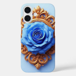 豪華な金枠に飾られたエレガントな青いバラ iPhone 16ケース