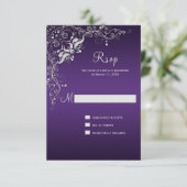 豪華な銀の花模様の渦巻きが付いた濃い紫色の招待状 RSVP (スタンド正面)