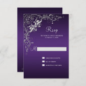 豪華な銀の花模様の渦巻きが付いた濃い紫色の招待状 RSVP (正面/裏面)