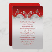 豪華な銀の蝶が赤く彩られたレセプションのみ 招待状 (正面/裏面)