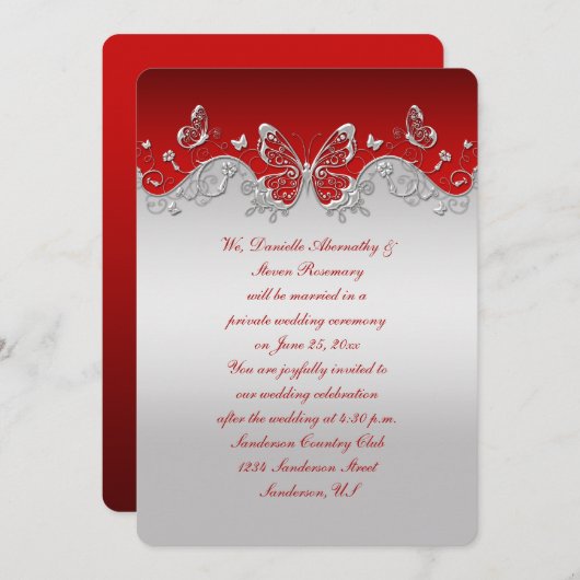 豪華な銀の蝶が赤く彩られたレセプションのみ 招待状 (正面/裏面)