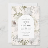 豪華な銀色の熱帯結婚の葉 招待状 (正面)