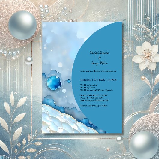 豪華な青の水彩抽象パール感 招待状