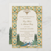 豪華な黄色と緑のインドのメンディ式 招待状 (正面/裏面)