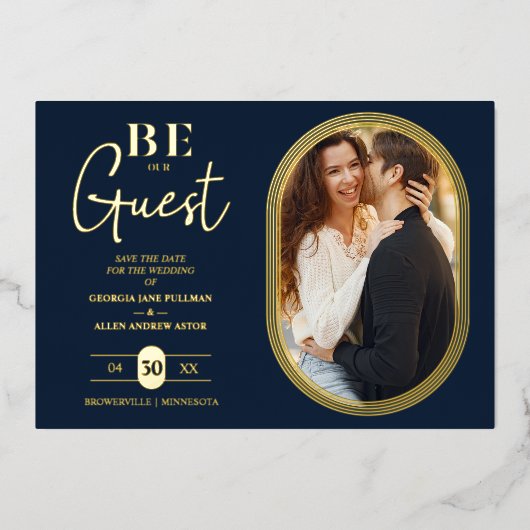 豪華な黄金の楕円形の魅力的フレーム結婚写真 箔招待状 (正面)