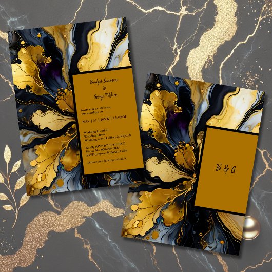 豪華な黒い金ゴールド大理石結婚式招待状