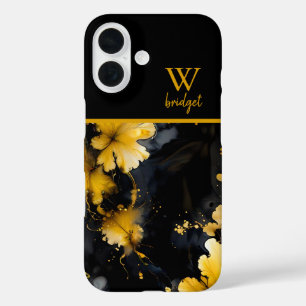 豪華な黒い金ゴールド酸フローラ iPhone 16ケース