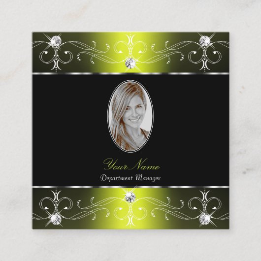 豪華な黒い黄色華美のオーナメントと写真 スクエア名刺 (正面)