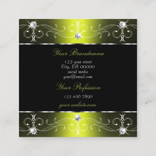 豪華な黒い黄色華美のオーナメントと写真 スクエア名刺 (裏面)