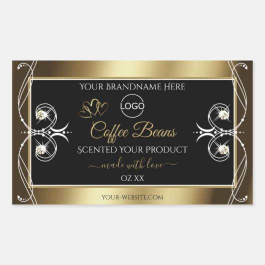 豪華な黒と金ゴールドの製品ラベル宝石ロゴ 長方形シール (正面)