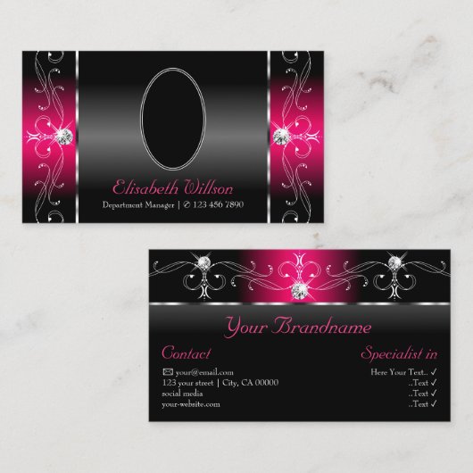 豪華な黒ピンクの四角い宝石と写真 名刺 (正面/裏面)