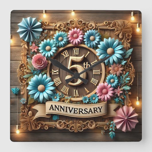 豪華な5周年結婚記念日 スクエア壁時計 (正面)