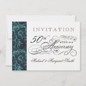 豪華な50周年記念招待状 - 青いダマスク 招待状 (裏面)