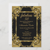 豪華な50歳の写真 黒 ゴールドパールパーティー 招待状 (正面)