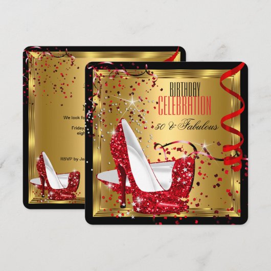 豪華な50歳の赤いハイヒール ゴールドの誕生日パーティー 招待状 (正面/裏面)