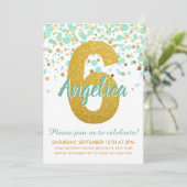 豪華な6歳誕生日 ミントグリーン ゴールド グリッター コンフェッティ 招待状 (スタンド正面)