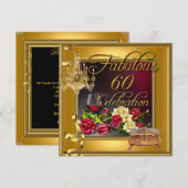 豪華な60歳のお祝い 60周年 ゴールド 赤いバラ ワイン 招待状 (正面/裏面)