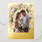 豪華なChinoiserieの花の写真を保存する日付 箔招待状 (正面)