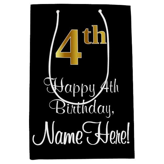 豪華エレガントなフェイク金ゴールドルック4th誕生日 ミディアムペーパーバッグ (正面)