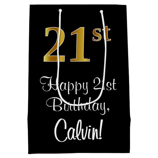 豪華エレガントなフェイク金ゴールド21歳の誕生日 ミディアムペーパーバッグ (裏面)
