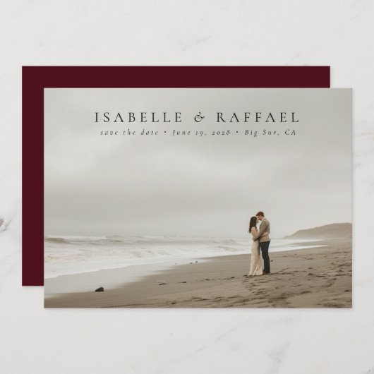 豪華エレガントなフォトマルーンレッド結婚ズ セーブザデート (正面/裏面)