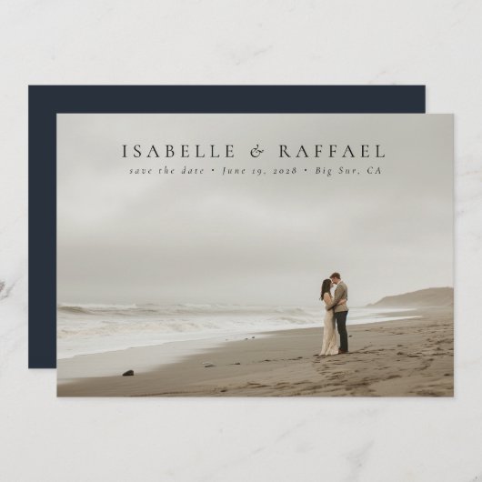 豪華エレガントなフォーマルフォトブラックブルー結婚ズ セーブザデート (正面/裏面)