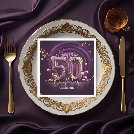 豪華エレガントな紫と金ゴールド50誕生日 スタンダードカクテルナプキン