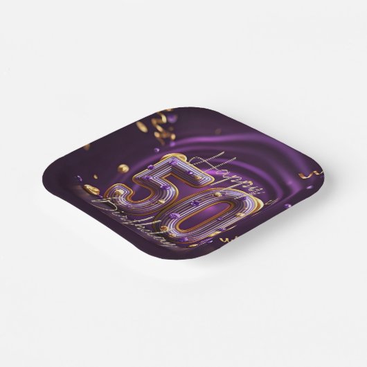 豪華エレガントな紫と金ゴールド50誕生日 ペーパープレート (傾斜あり)