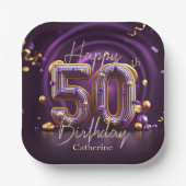 豪華エレガントな紫と金ゴールド50誕生日 ペーパープレート (正面)