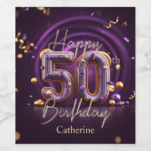 豪華エレガントな紫と金ゴールド50誕生日 ワインラベル (シングルラベル)