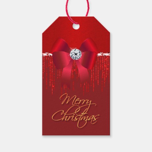豪華エレガントな赤いサテンボウグリッター ギフトタグ (正面)