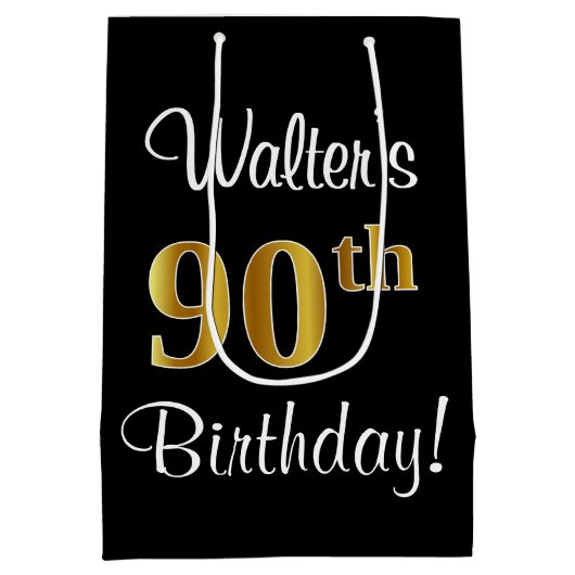 豪華エレガント, フェイク金ゴールドルック90誕生日 ミディアムペーパーバッグ (裏面)