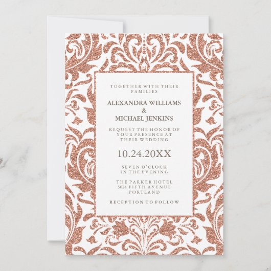 豪華エレガント 偽のローズゴールド グリッター ダマスク ウェディング 招待状 (正面)
