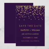 豪華ゴールドのコンフェッティとディープパープルの「Save the Date」 セーブザデート (正面/裏面)