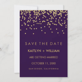 豪華ゴールドのコンフェッティとディープパープルの「Save the Date」 セーブザデート
