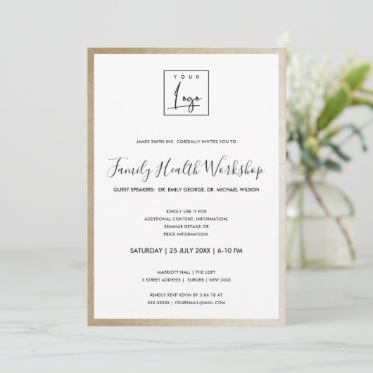 豪華ゴールドのフェイクフォイルを使用したロゴ ワークショップのガライベント 招待状 (スタンド正面)