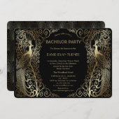豪華ゴールドアートデコの孔雀 バチェラーパーティー 招待状 (正面/裏面)