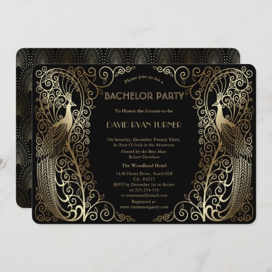 豪華ゴールドアートデコの孔雀 バチェラーパーティー 招待状 (正面/裏面)