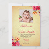 豪華ゴールドグリッター花柄ベビーガール写真アキカ 招待状 (正面)