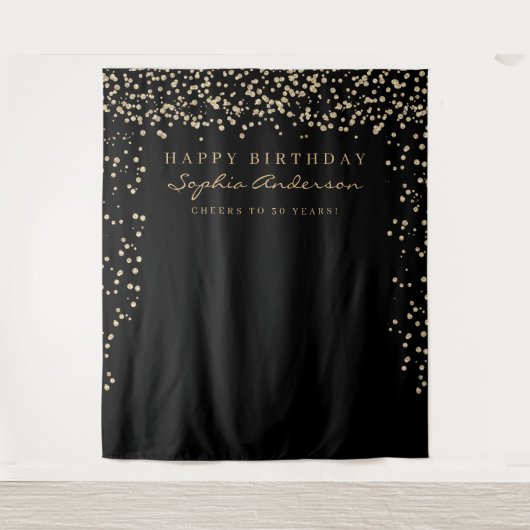 豪華ゴールドコンフェッティ誕生日バックドロップ 誕生日なら何歳でも タペストリー (正面)