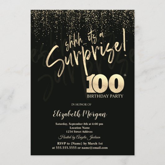豪華ゴールドサプライズ100歳の誕生日パーティー 招待状 (正面)