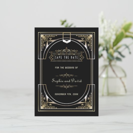 豪華ゴールド ブラック グレート 20年代スタイルのウェディング セーブザデート (スタンド正面)