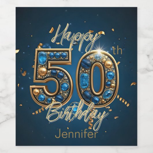 豪華シック金ゴールドとブルージェムストーン50誕生日 ワインラベル (シングルラベル)
