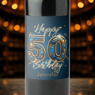 豪華シック金ゴールドとブルージェムストーン50誕生日 ワインラベル