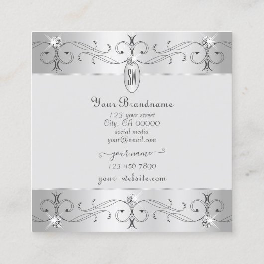 豪華シルバーグレイ華美オーナメントイニシャル スクエア名刺 (裏面)
